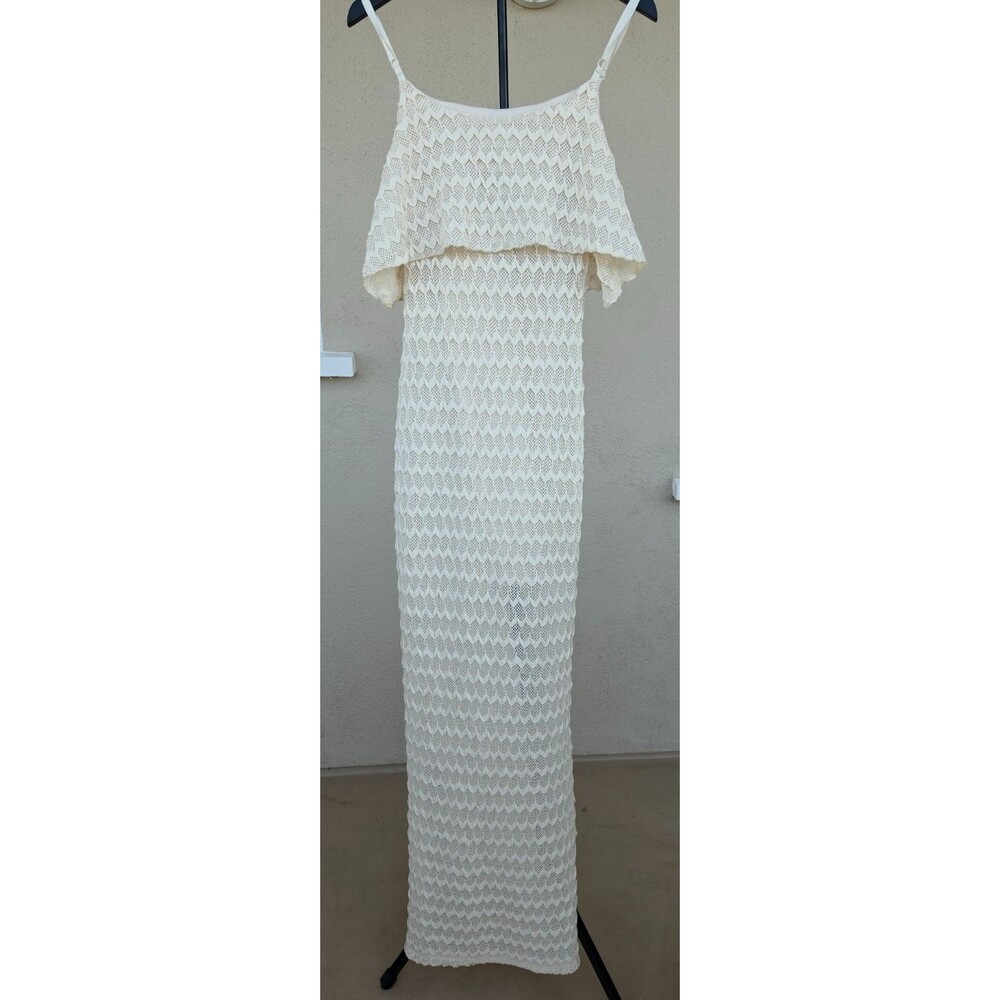VTG Y2K Body Central Maxi Dress L Cream Crochet Knit Sheer Boho Fairy Festival